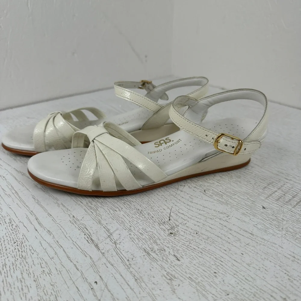 SAS Strippy Tripad Comfort Women's 9 N Cream White Leather Wedge Sandals Strappy